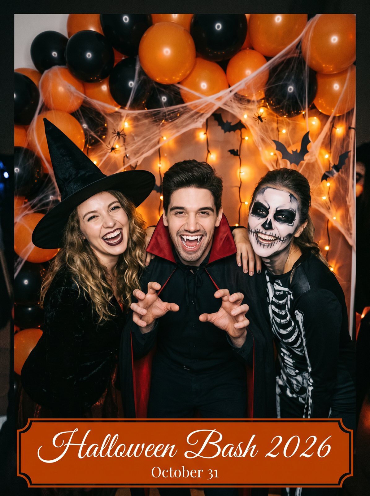 Three friends dressed as a witch, a vampire and a skeleton posing in front of the Halloween backdrop, with a Halloween Bash 2026 overlay