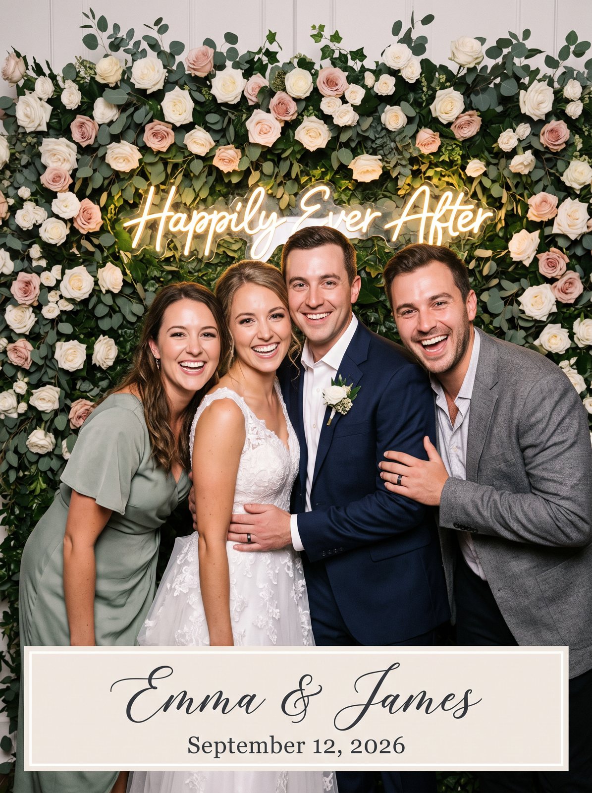 Bride, groom and two guests smiling in front of the rose wall, with an Emma and James overlay along the bottom