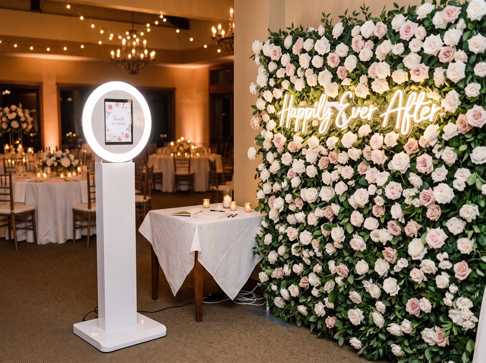 The white photo booth set up beside a blush and white rose wall with a Happily Ever After neon sign at a wedding reception