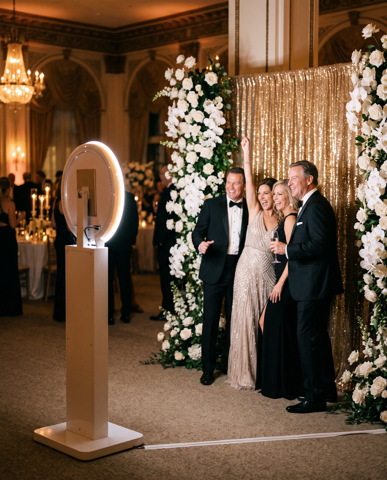 Guests in black-tie evening wear laughing and posing at a gold sequin backdrop while the white Bergen Photobooth ring light captures them at a gala