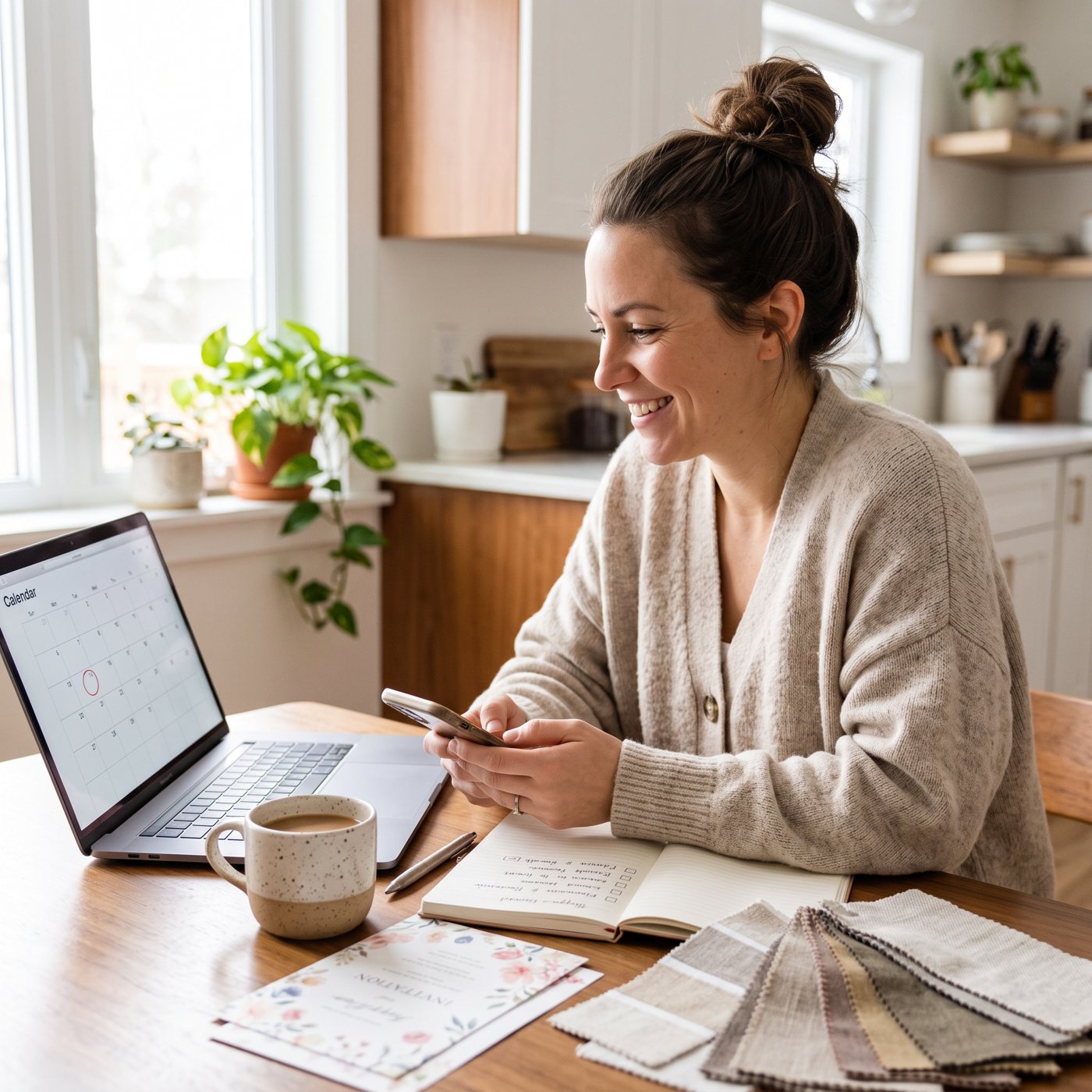 A smiling woman planning her party at a kitchen table with a laptop calendar, her phone, invitation samples and color swatches