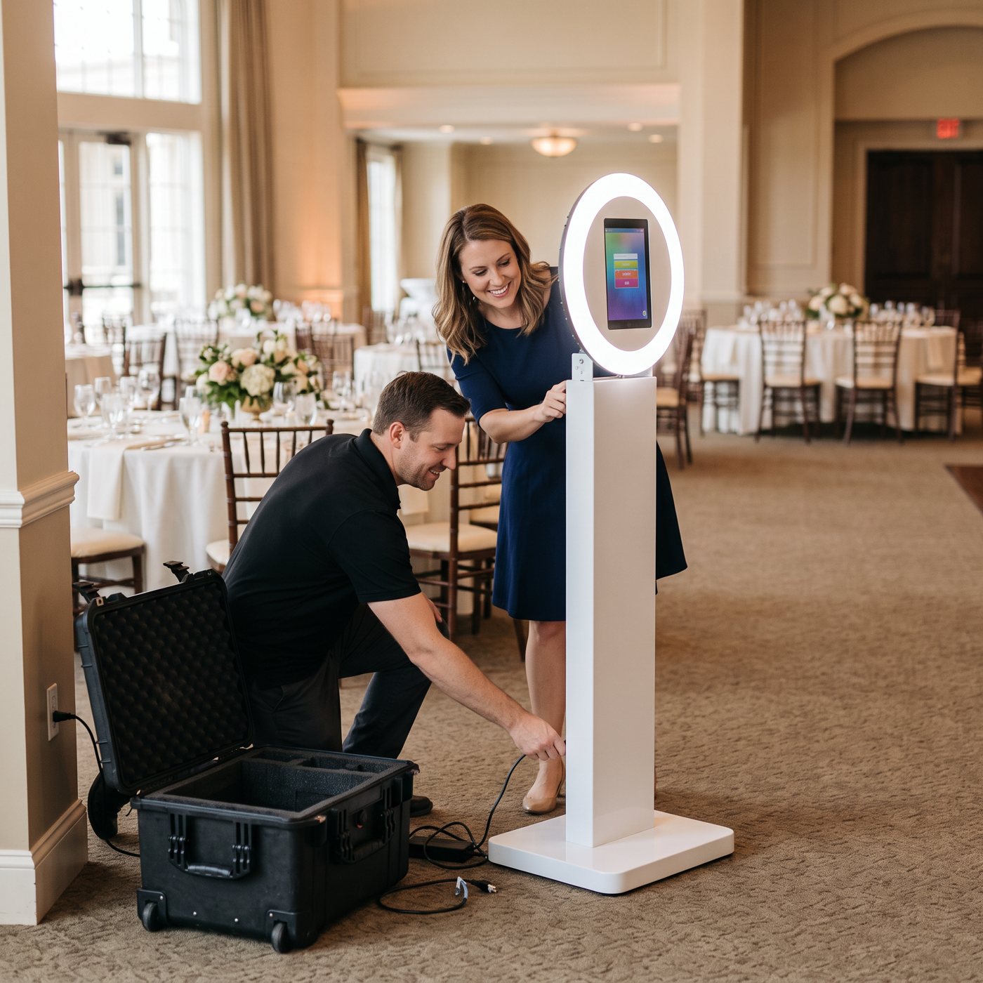 A team member plugging in the white photo booth in an empty reception room while the host tries the touch screen