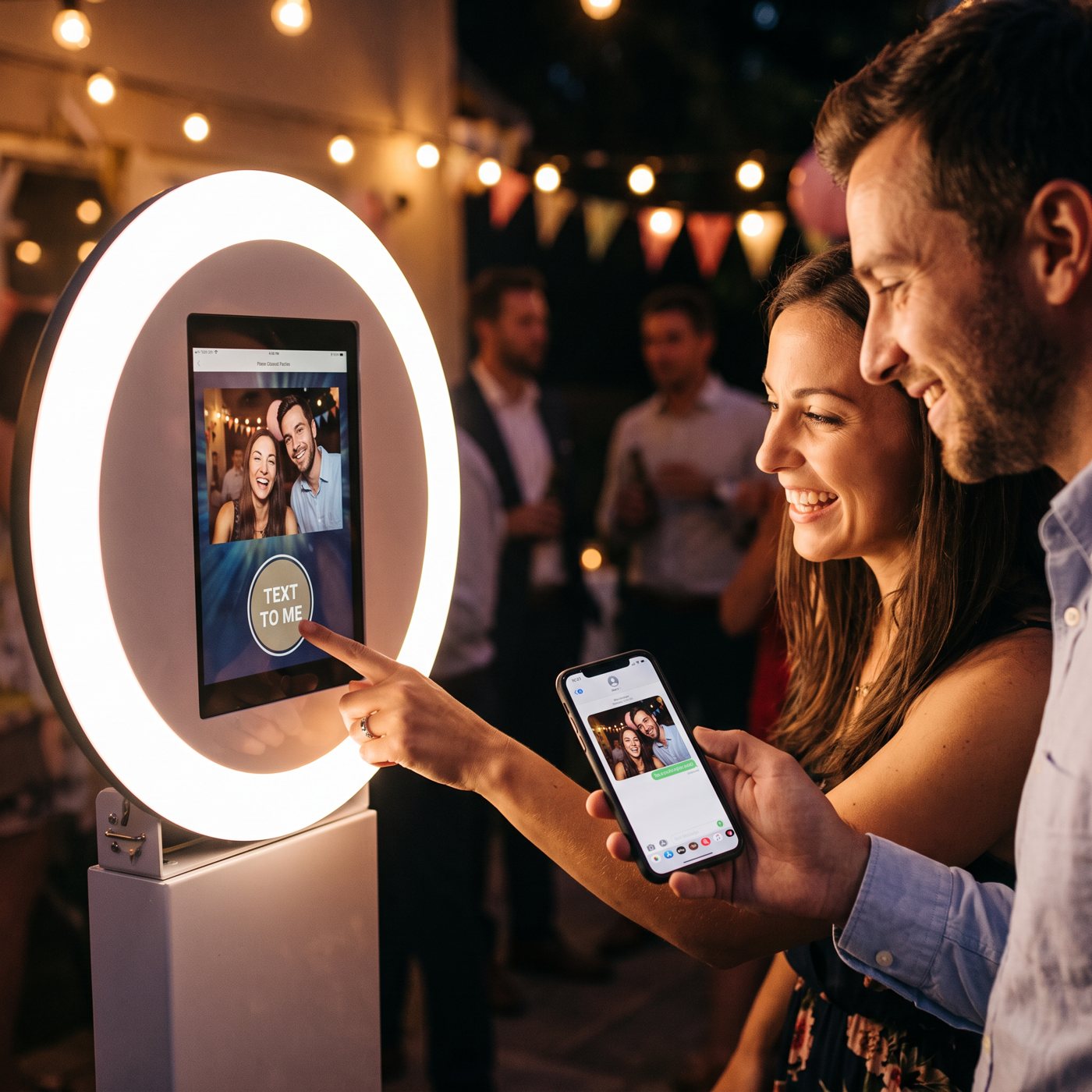A guest tapping Text to Me on the booth screen while her friend holds up a phone showing the photo arriving