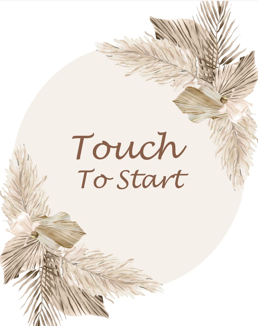 Boho start screen with dried palm leaves and pampas reading Touch To Start