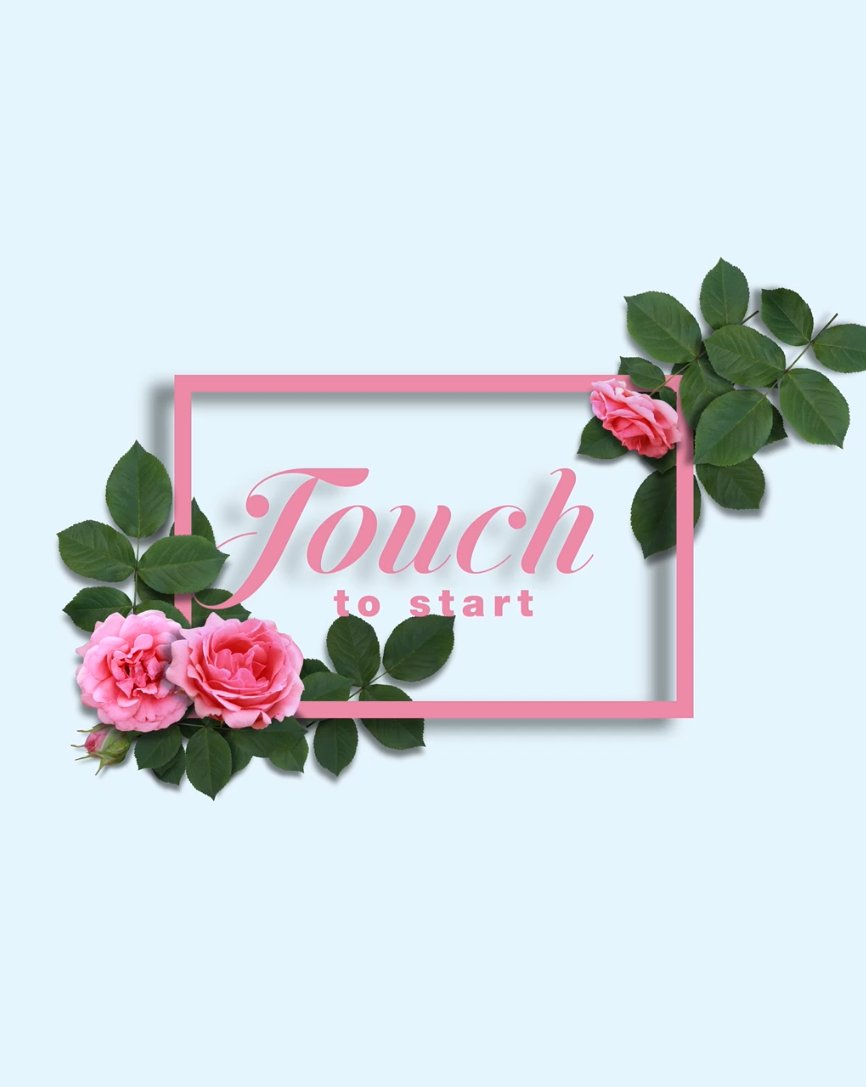 Floral start screen with pink roses and a pink frame reading Touch to start