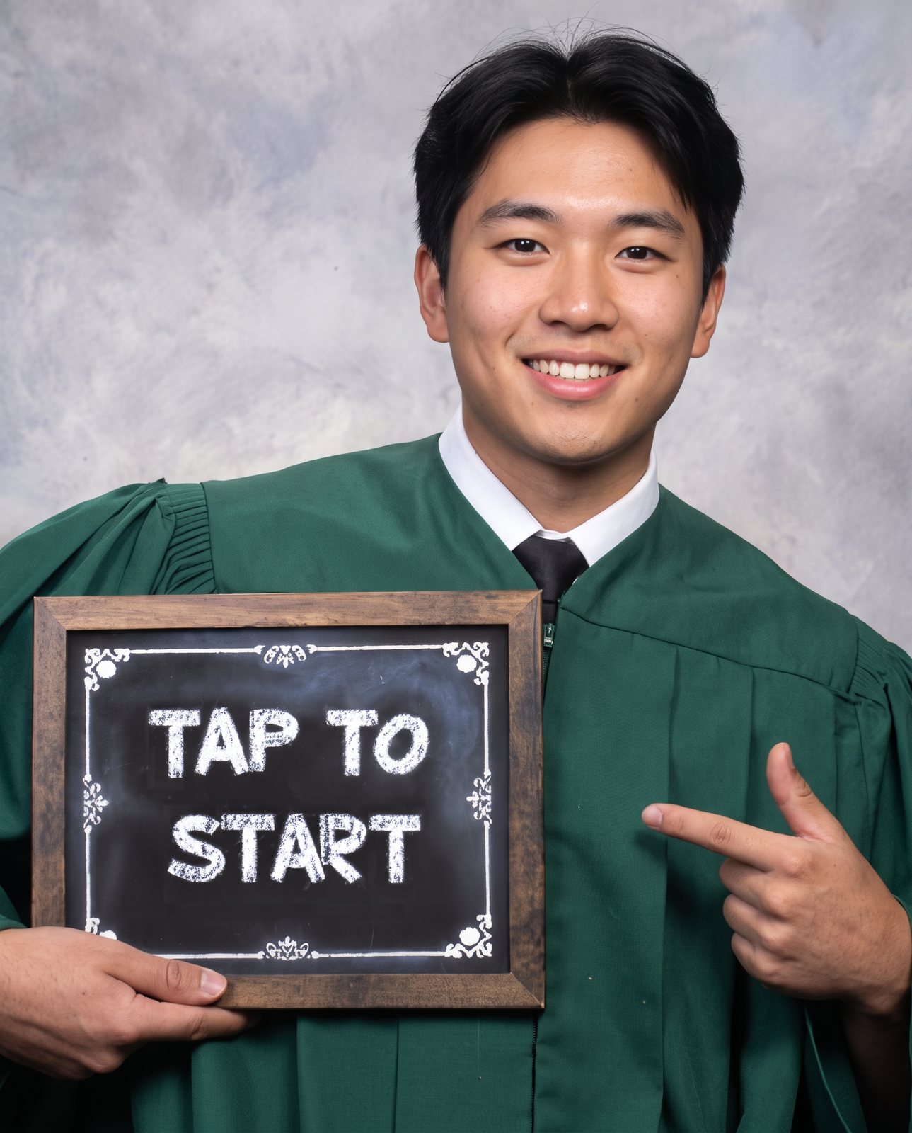 Graduation start screen featuring a graduate in a green gown holding a chalkboard sign that reads Tap to Start