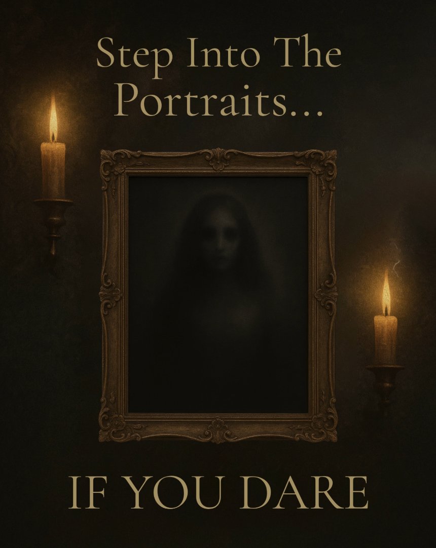 Haunted portrait start screen with candles and an ornate frame reading Step Into The Portraits... If You Dare